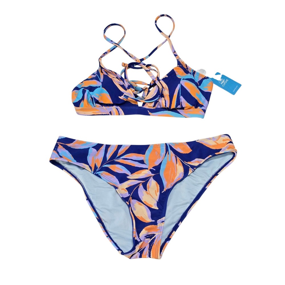 Cupshe Womens Tropical Leaf Print Lace Up Bikini Set Blue Orange Purple Size M